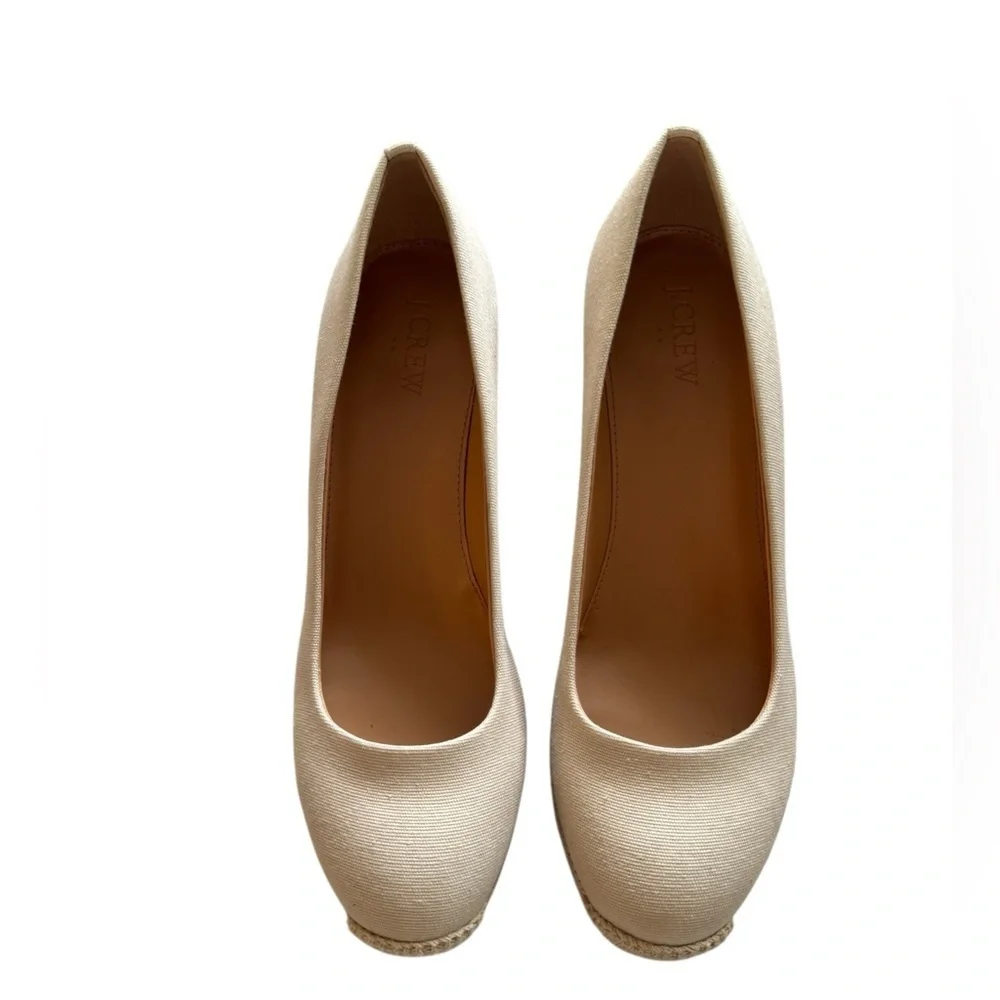 J. Crew Canvas Espadrille Wedge Heels Womens Sz 8.5 Beige Slip On Casual
